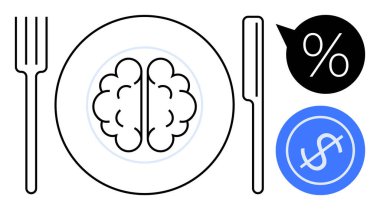 Üzerinde beyin, çatal, bıçak, yüzde işareti ve dolar işareti olan tabaklar. Finans, karar verme, eleştirel düşünme, zihinsel sağlık psikolojisi için ideal eğitim. Basit düz metafor