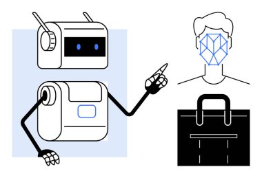 Evrak çantasının bitişiğindeki geometrik tanımlama desenli insan yüzünü gösteren robot. Yapay zeka, biyometri, güvenlik, iş akışı, teknoloji entegrasyonu için ideal