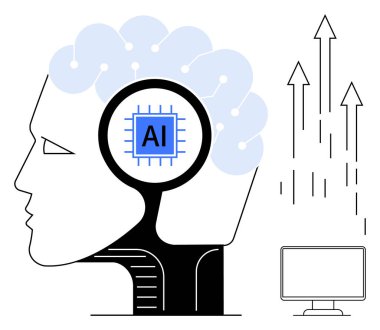 Yapay zeka çipi, devre beyni, bilgisayar monitörü ve yukarı bakan okları olan bir insan kafasının yan profili. Yapay zeka, yenilik, teknoloji, ilerleme, veri geleceği ve eğitim kavramları için idealdir. Basit düz