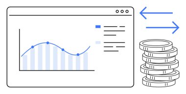 Veri işaretli grafikler, birikmiş paralar ve değiş tokuş okları pazar analizini, gelirini ve işlemleri sembolize ediyor. Finans, yatırım, iş ve veri analiz ekonomisi için idealdir.