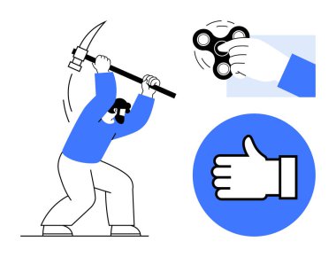 Sallanan bir adam, el ele tutuşan bir fırıldak, büyük baş parmak kaldırma ikonu. Madencilik, verimlilik, boş zaman, odaklanma, takım çalışması onaylama motivasyonu için idealdir. Basit bir iniş sayfası için mükemmel.