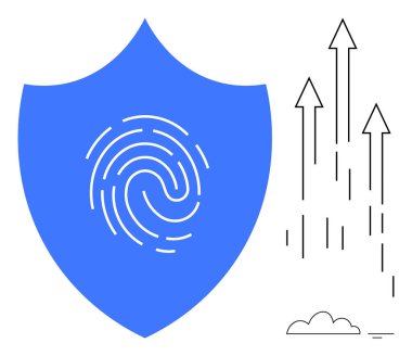 Üzerinde parmak izi olan mavi kalkan, veri güvenliğini simgeliyor. Yukarı bakan bitişik oklar büyüme, yenilik ve ilerlemeyi temsil ediyor. Siber güvenlik, teknolojik yenilik, kişisel güvenlik ve veri için ideal