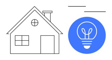 Mavi dairede bacası ve ampulü olan bir evin taslağı. Sürdürülebilirlik, enerji tasarrufu, akıllı ev teknolojisi, yenilenebilir enerji, verimlilik, yenilikçi fikirler, basit iniş sayfası için ideal