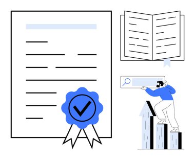 İşaretli şeritli sertifika, açık kitap, arama barına doğru tırmanan adam grafiği. Eğitim, başarı, sertifika, bilgi, başarı kariyer gelişimi için idealdir. Basit düz