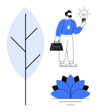 İçinde parlak bir ampul, ince dalları olan soyut bir ağaç ve stilize edilmiş mavi nilüfer çiçeği taşıyan bir çanta taşıyan iş adamı. Yaratıcılık, yenilik, sürdürülebilirlik, büyüme ve farkındalık için ideal