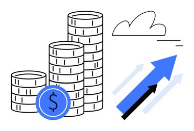 Bir dolar işareti ve yukarı doğru oklarla istiflenmiş paralar büyümeyi, karı ve potansiyeli vurguluyor. Finans, iş, yatırım, bütçe, tasarruf, ekonomik başarı için ideal basit iniş sayfası