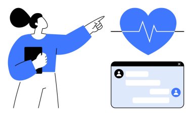 Dijital sohbet penceresinin yanında elinde tablet tutarken kalp atışı simgesini gösteren bir kadın. Sağlık takibi, teletıp, dijital iletişim, sağlık uygulamaları, sağlık hizmetleri, uzaktan kumanda