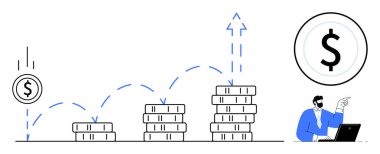 Yığılan paralar, ilerlemeyi gösteren bir okla birlikte yükselir. Dizüstü bilgisayar kullanan bir işadamı büyüme yörüngesini gözlemler. Finans, yatırım, tasarruf, strateji, başarı, kazançlar için ideal