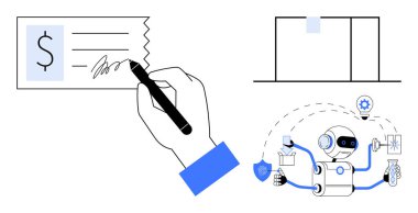 Finansal bir belgeyi elle imzalamak, robot yöneticiliği, asgari ofis masası. Otomasyon, finans, robot bilimi, üretkenlik, yenilik modern ofis verimliliği için idealdir. Basit düz