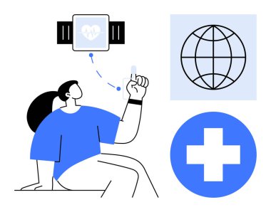 Giyilebilir cihaza, küresel bağlantıya ve sağlık sigortası haçına doğru hareket eden bir kadın. Sağlık izleme, teknoloji, sağlık eğilimleri, teletıp, fitness, veri paylaşımı için ideal