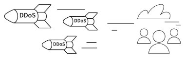 DDoS etiketli roketler bir buluta doğru uçuyor ve kullanıcı simgeleri siber saldırıları simgeliyor. Siber güvenlik, ağ koruması, bilişim tehditleri, anti-DDoS stratejisi, teknoloji savunması, çevrimiçi güvenlik, basit