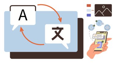 Harfli ve oklu konuşma baloncukları dil çevirisini simgeler. Akıllı telefon gerçek zamanlı çeviri uygulamasını gösteriyor. İletişim, küreselleşme, teknoloji, dil öğrenme, mobil uygulamalar için ideal