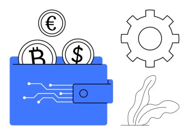Avro, bitcoin, dolar sikkeleri, devre şablonları, vites sembolleri ve minimalist bitkilerle dolu mavi dijital cüzdan. Finans, kripto para birimi, teknoloji fintech yenilik ekonomisi yatırımı için ideal