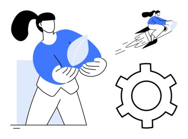 Elinde ekolojik bilinci simgeleyen bir yaprak, bir roketin üzerinde uçan bir figür ve teknolojiyi gösteren bir vites tutan kişi. Sürdürülebilirlik, teknoloji, yenilik, büyüme, takım çalışması, eko-farkındalık için ideal