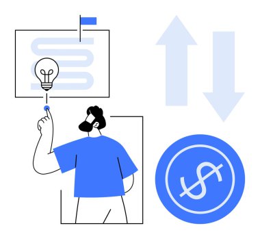 Bir strateji panosundaki ampulü işaret eden kişi dolar işareti ve yakınlardaki çift yönlü oklar. Finans, yenilik, strateji, karar verme, fikirler, iş planlaması için ideal