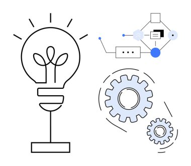 Yeniliği temsil eden ampul, süreci sembolize eden dişliler ve strateji için bağlı diyagram. Yaratıcılık, yenilik, beyin fırtınası, planlama, takım çalışması, teknoloji için ideal