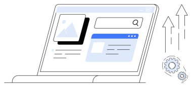 Laptop arama çubuğunu, resim önizlemesini ve yukarı doğru ok ve dişli arayüz parçacığını gösterir. Çevrimiçi araştırma için ideal, SEO, analitik, yenilik, teknoloji, strateji basit düz metafor