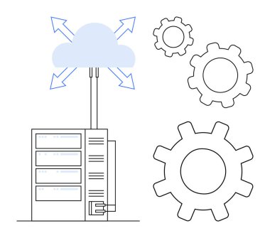 Oklarla buluta bağlı sunucu, işlem otomasyonunu sembolize eden büyük vites simgeleriyle çevrili. Bulut depolama, veri yönetimi, iş akışı optimizasyonu, teknoloji, bütünleşme, bilişim için ideal