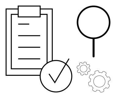 Kontrol listesi, kontrol işareti, büyüteç ve görev yönetimi, analiz, kalite, verimlilik ve iş akışını vurgulayan vitesli pano. İş eğitim organizasyonu verimliliği için ideal