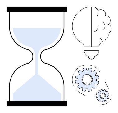 Kum saati bir ampul ve dişlilerle zamanı simgeliyor. Yenilik ve mekaniği simgeliyor. Zaman yönetimi, yaratıcılık, süreç verimliliği, iş akışı, üretkenlik, problem çözme, basit
