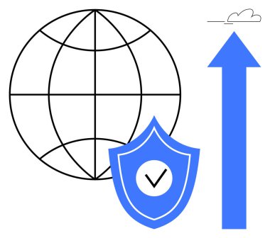Kontrol işaretli bir kalkan ve yukarı bakan, güvenliği, küresel büyümeyi, ilerlemeyi, korumayı, başarıyı, yeniliği ve teknolojiyi temsil eden bir ok içeren bir dünya. İş siber güvenliği için ideal