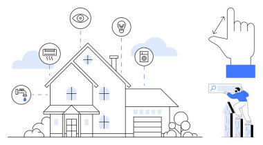 Akıllı teknoloji fonksiyonlarını temsil eden sembollü modern ev güvenlik, aydınlatma, havalandırma, cihazlar ve uzaktan kumandayı işaret ediyor. Teknoloji, yenilik, kolaylık ve enerji verimliliği için ideal