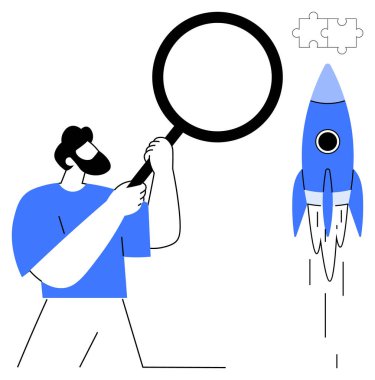 Elinde büyüteç tutan bir adam roketi inceliyor ve kayıp bir yapboz parçası. Araştırma, yenilik, iş büyümesi, problem çözme, girişimler, analiz, keşif için idealdir. Basit düz