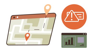 Konum pimleri, uyarı simgesi ve analitik gösterge paneli olan dijital harita. Navigasyon, GPS, alarm, veri analizi, karar verme teknolojisi kullanıcı arayüzleri için ideal. Basit düz