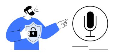 Sakallı adam mikrofon simgesini işaret ediyor, kalkanı kilitle tutuyor, ses güvenliğini vurguluyor. Ses gizliliği, siber güvenlik, teknoloji, iletişim, topluluk önünde konuşma, veri koruması için ideal