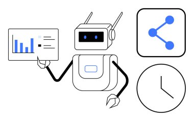 Robot, paylaşım ve saat simgeleriyle çevrili bir veri tablosu tutuyor. Otomasyon, yapay zeka, teknoloji, veri analizi, verimlilik, zaman yönetimi veya basit bir iniş sayfası için ideal