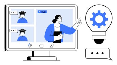 Öğretmen öğrencilerle video görüşmesi yapıyor, fikirlerin vites ampulü metaforu, işbirliği. Eğitim için ideal, çevrimiçi öğrenme, eğitim, uzaktan çalışma, takım çalışması beyin fırtınası yeniliği. Basit.