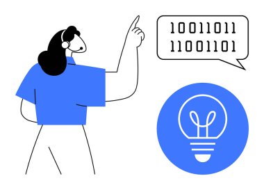 İkili konuşma baloncuğu ve parlayan ampul sembolüyle yaratıcılığı, yeniliği ve problem çözmeyi vurgulayan bir kadın. Teknoloji, beyin fırtınası, kodlama, eğitim, yapay