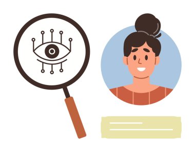 Gülümseyen bir kadın portresi ve metin tutucunun yanında biyometrik göz çizimine odaklanan büyüteç. Çevrimiçi kimlik, siber güvenlik, biyometrik doğrulama, kişisel veri, dijital