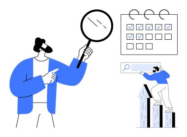 Büyüteç kullanan adam, işaretli görevleri olan takvim ve büyüme çizelgesinin yanında arama çubuğu kullanıyor. Basit iş planlama, organizasyon, araştırma, üretkenlik, analiz, büyüme stratejileri için ideal