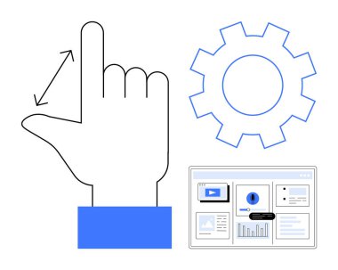 Yeniden boyutlandırma için el hareketi, konfigürasyonu sembolize etmek için vites, veri görselleştirmeleri için torpido gözü. Teknoloji, yenilik, UIUX tasarımı, otomasyon, sistem kurulumu, dijital için ideal