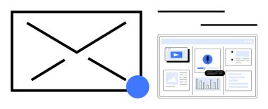 Sayısal gösterge panelinin yanında zarf grafiği analitik, medya ve içerik ayrıntılarını gösteriyor. İletişim, pazarlama, e-posta, veri analizi, yönetim organizasyonu takım çalışması için ideal. Basit düz