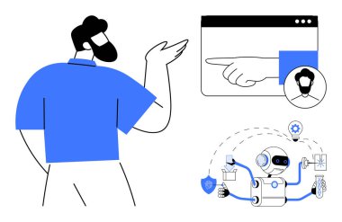 Kişinin el ve profil simgesi ile tarayıcı penceresine doğru yaptığı hareketler. Robot görevleri çoklu görev araçlarıyla işliyor. Teknoloji, yapay zeka, otomasyon, dijital dönüşüm, yenilik için ideal