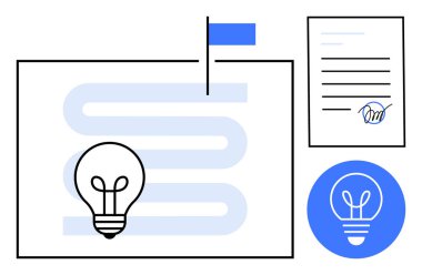 Zaman çizgisinde ampul, işaretleyici, imzalı kağıt, mavi ampul ikonu yenilik, strateji ve hedefleri simgeliyor. Beyin fırtınası, planlama, verimlilik yol haritası yenilik stratejisi için ideal