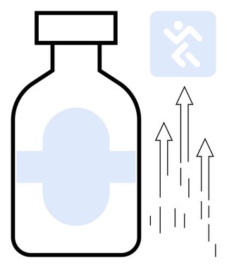 Tıbbi haçlı destek şişesi, enerjiyi temsil eden yukarı doğru oklar ve sağlık için çalışan figür sembolü. Enerji, zindelik, sağlık, canlılık ve motivasyon için ideal başarı demektir. Asgari