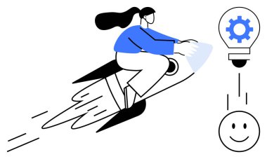 Roket süren bir kadın, gelişimi ve yeniliği simgeliyor. Teçhizatlı ve gülümseyen yüzlü bir ampul yaratıcılığı, verimliliği ve olumlu sonuçları ifade eder. Büyüme ve başarı için ideal