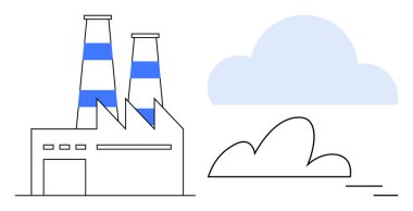 Bulutların yanında iki şeritli bacası olan fabrika binası. Endüstri, kirlilik, sürdürülebilirlik, enerji üretimi, eko-farkındalık, imalat, iklim değişikliği için ideal. Basit düz metafor