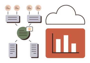Bağlı düğümlerin hiyerarşisine bağlı bir bar tablosunun üzerinde bulut depolama. Veri yönetimi, bulut hesaplama, analitik, bilgi akışı, organizasyon, üretkenlik ve teknoloji için ideal