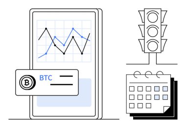Bitcoin istatistiklerini gösteren akıllı telefon ekranı, seçenekleri sembolize eden trafik ışığı ve planlama takvimi. Kripto para birimi, mali planlama, yatırım, zaman yönetimi için ideal