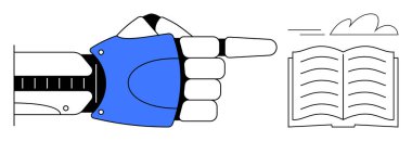 Robotik el, teknolojiyi, otomasyonu, eğitimi, yapay zeka gelişimini, dijital eğitimi, çevrimiçi öğrenmeyi ve gelecekteki yeniliği simgeleyen açık bir kitaba işaret ediyor. Yapay zeka ve e-öğrenme için ideal