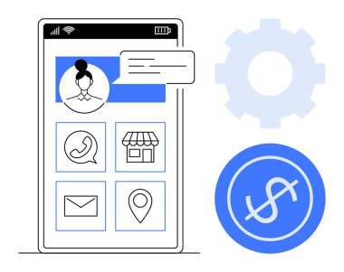 Akıllı telefon ekranı, kullanıcı profili, iletişim, mağaza, e-posta, konum simgeleri bir dişli ve dolar işaretinin yanında. Taşınabilir arayüz, kullanıcı deneyimi, iletişim, e-ticaret finansmanı için ideal