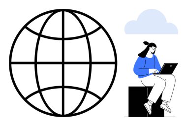 Dizüstü bilgisayarda çalışan bir kadın, küresel bağlantıyı sembolize eden büyük bir küresel bulut ve grafiğinin yanında oturuyor. Teknoloji, uzaktan çalışma, internet, veri, iş küreselleşmesi için ideal. Basit.
