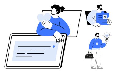 Çevrimiçi aktivitelere katılan, kalbi tutan, fikirleri sunan ve bilgiyi analiz eden insanlar. Takım çalışması, yaratıcılık, iletişim, teknoloji, eğitim ilişkileri için ideal