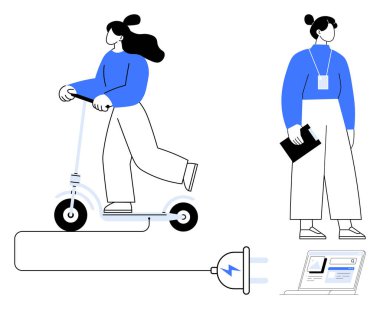 Elektrikli scooter sürücüsü, profesyonel belgeleri dizüstü bilgisayar ve elektrik prizinin yanında tutuyor. Hareket edebilirlik, çevre dostu ulaşım, iş-yaşam dengesi, sürdürülebilirlik, kentsel yaşam tarzı için ideal