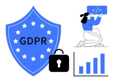 GDPR etiketli kalkan, veri güvenliğini temsil eden asma kilit, kodlama paneli olan kişi, analitik için bar çizelgesi. Gizlilik politikaları, siber güvenlik, veri koruması, analitik, kodlama teknolojisi için ideal