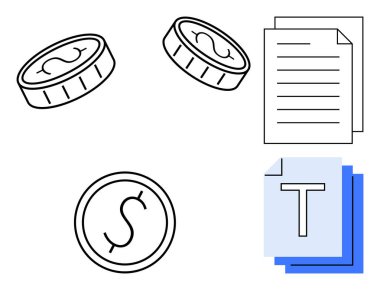 Para birimi paraları, istiflenmiş kağıtlar ve mali işlemleri, belgeleri ve yazılı bilgileri simgeleyen metinler. Muhasebe, finans, bütçe ve sözleşme bildirme organizasyonu için ideal